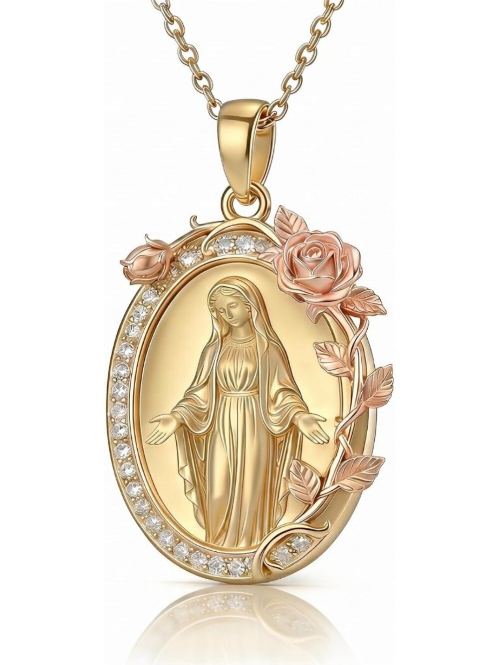 925 Sterling Silver Virgin Mary Necklace, 14K Gold Plated Pendant, Catholic
